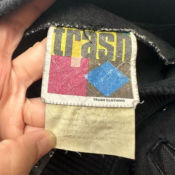 TRASH CLOTHING Vintage 90s Black Acid Washed‎ Studded & Beaded Denim Jacket sz L - Picture 8 of 9